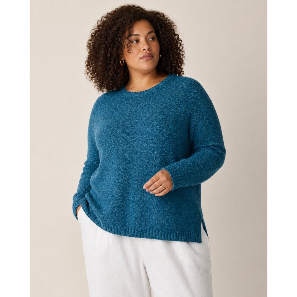 Eileen Fisher Organic Line Cotton Crew Neck Sweater Teal Blue XL
